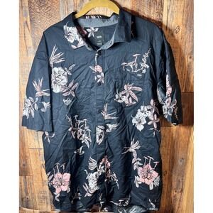 Vans Black Short Sleeve Button-Down with Pink Floral Design